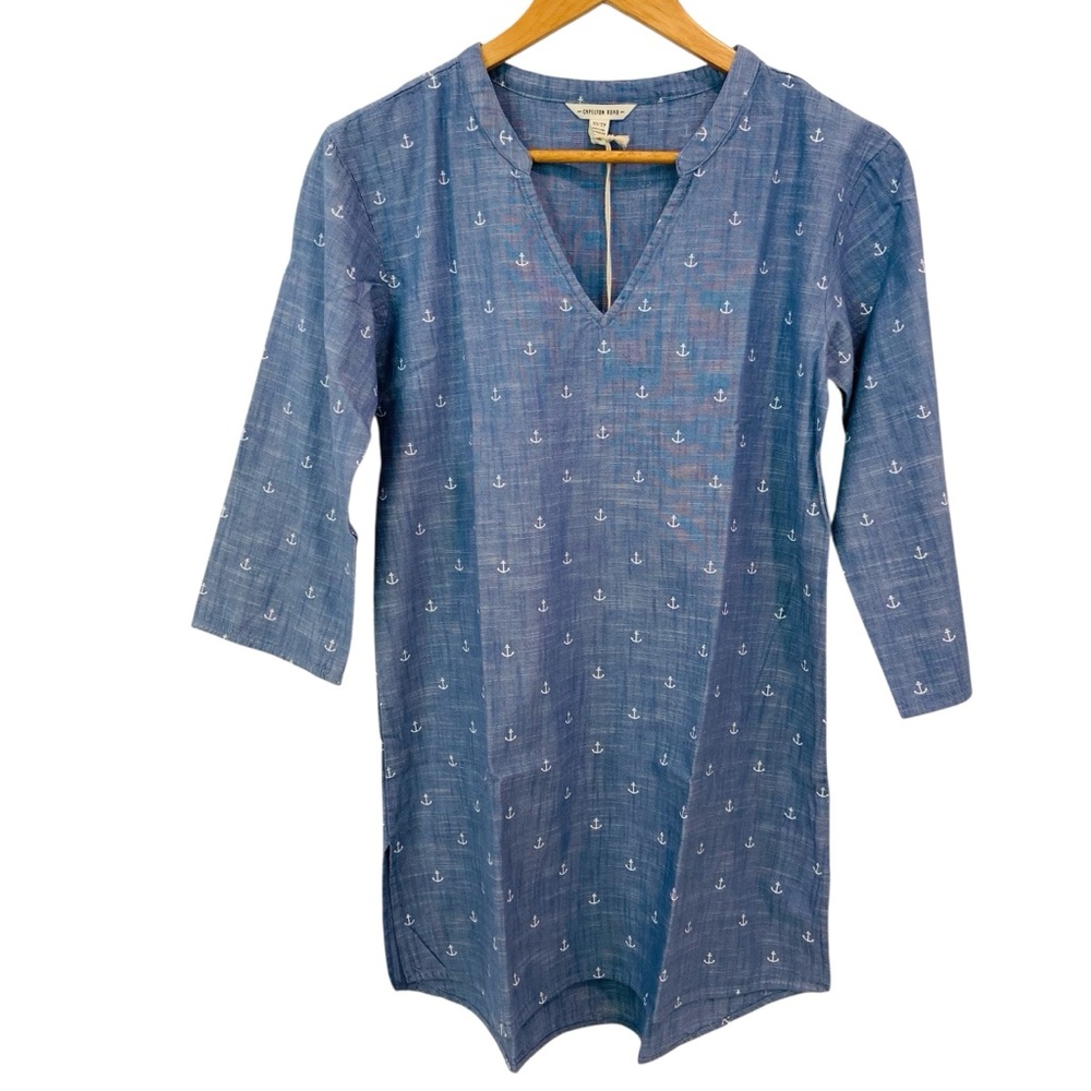 Hatley Capelton road tunic blouse V neck notch collar 100% cotton 3/4 sleeves XS